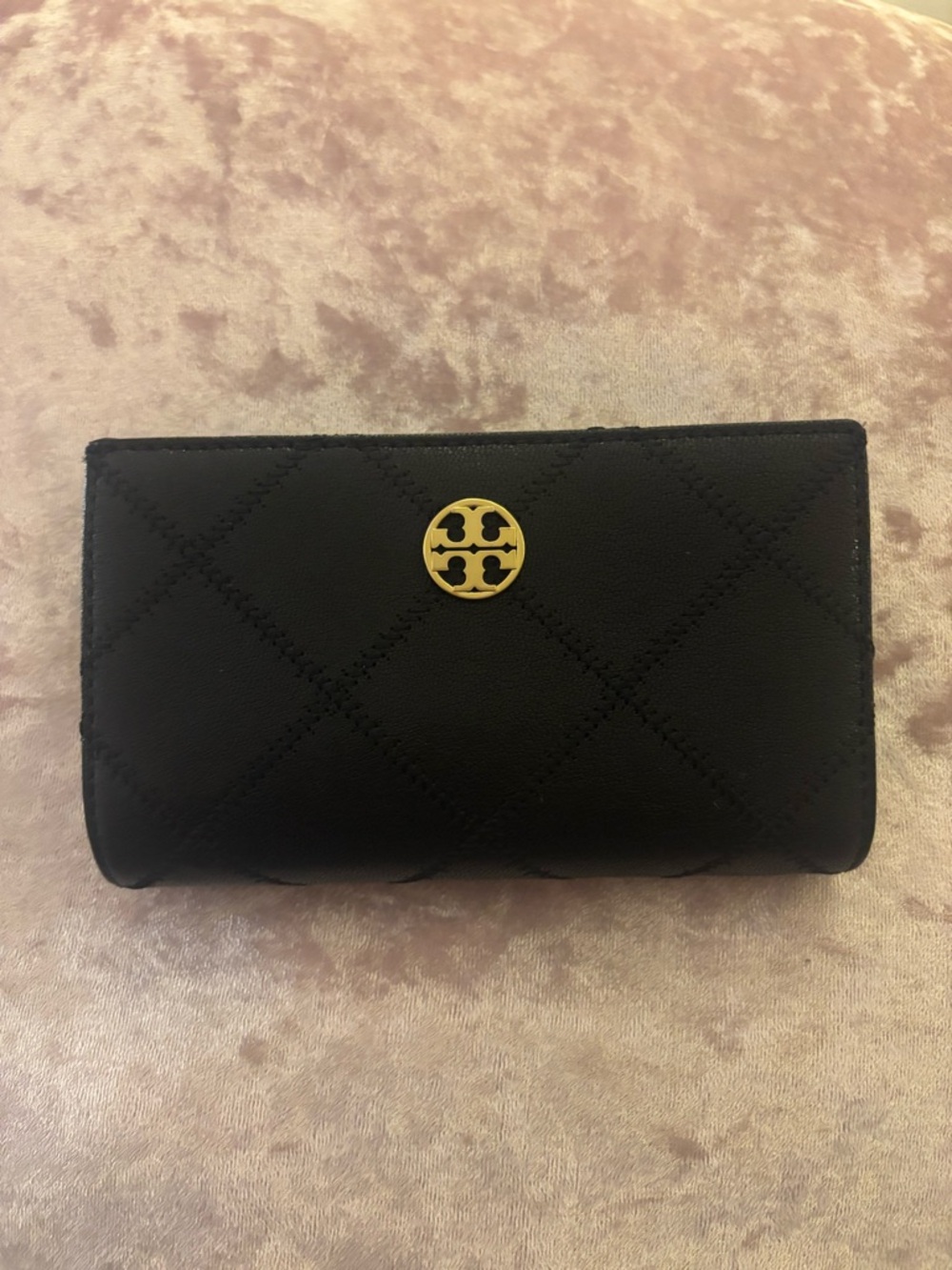 Tory Burch Black Quilted Continental Wallet with Gold Logo Medallion